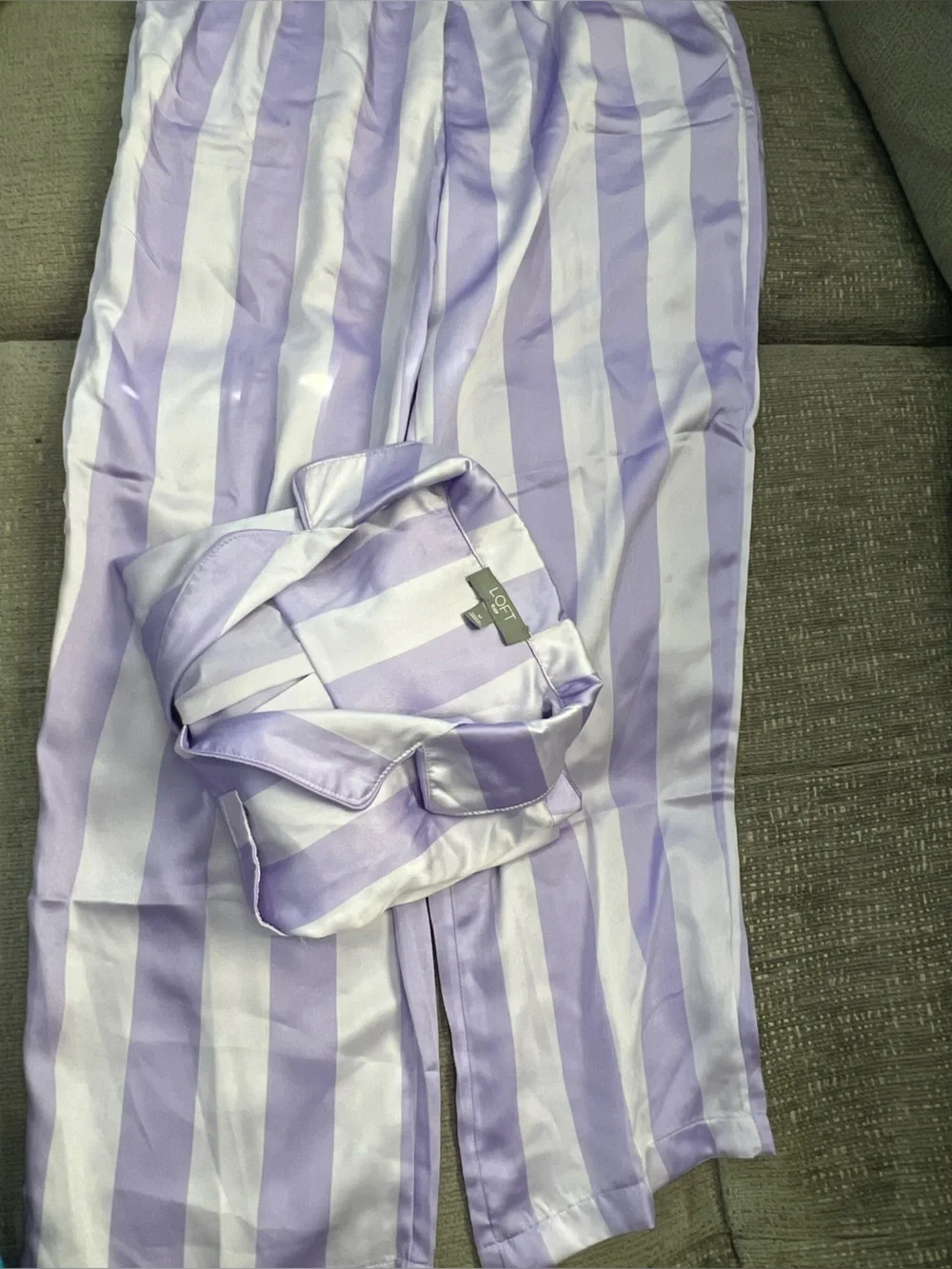 LOFT Satin Notch Collar Purple Striped Pajama Set k31